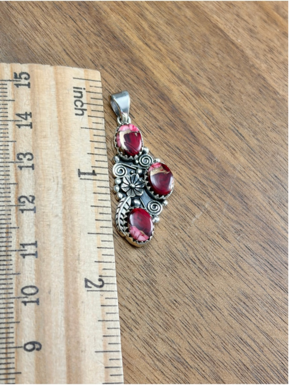 Southwest Pure Sterling Silver 925 Red Rose Dahlia Kingman Turquoise Pendant New - Picture 7 of 9